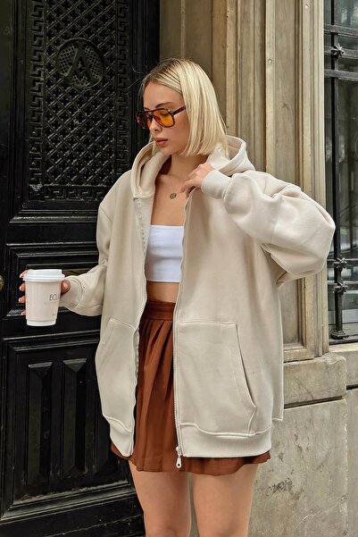 Swist Beige Lena Zippered Hooded Pocket Oversize Women's Sweatshirt with Fleece Inside