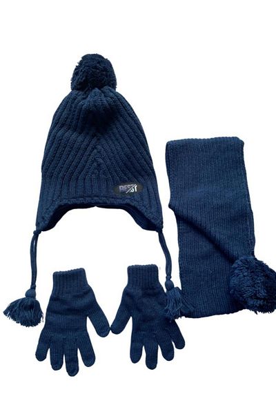 Kitti Navy Blue 3-Piece Set - 4-8 Years Old Boys' Beanie, Non-Fleece Acrylic Scarf, Gloves