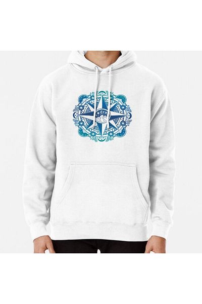 Hvit Stein Moon Mountain Turquoise Navy Ombré - Hanorac imprimat cu trandafir de compas și mandala naturii