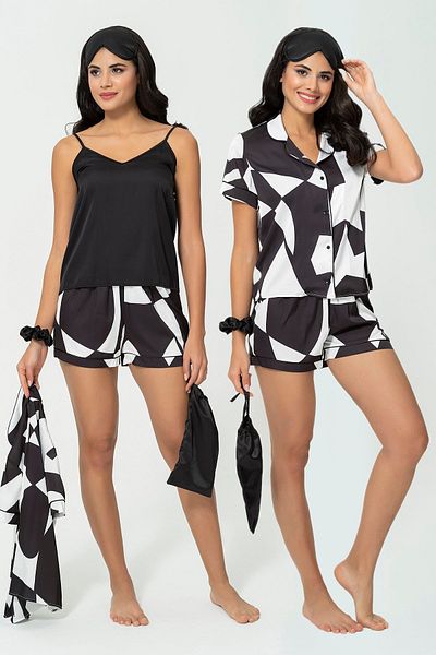 for you sleepwear 6-Piece Patterned Black and White Satin Pajama Shorts Set
