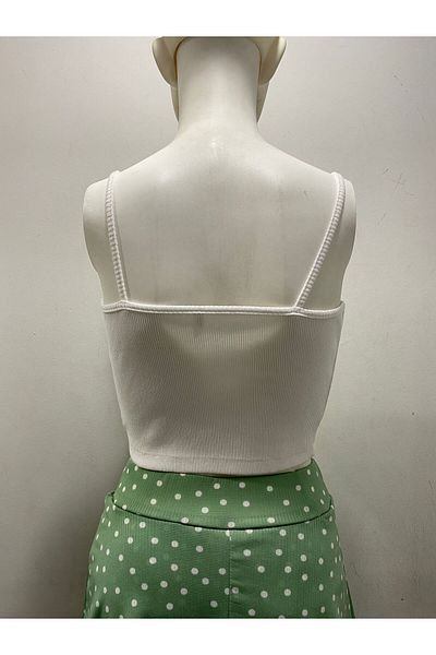 LADY HAZAL White Crop Top Darkalıp Ribbed Strappy Square Neck Bustier