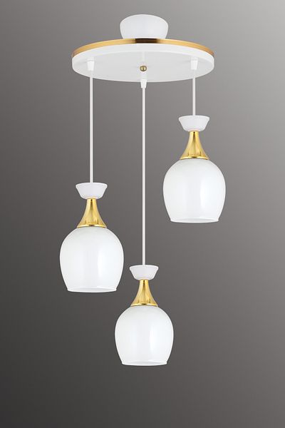 SONSUZ AYDINLATMA&AVİZE Pendant Lamp Tray 3-Piece White Bell Jar with White Glass and Yellow Stripe Modern Downward-Facing Chandelier