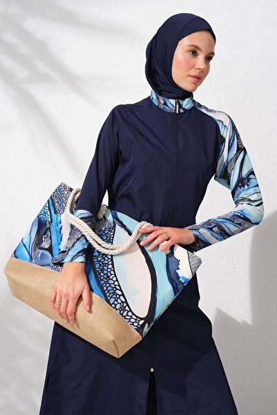 Pierre Cardin 231913 Lacivert Desenli Uzunkollu Fermuarlı Tesettür Mayo Takımı