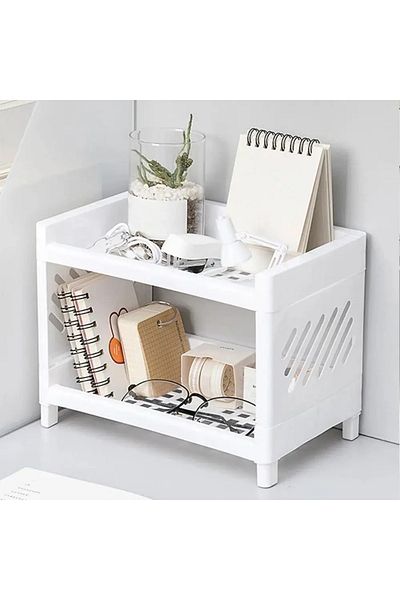 Choice 1PC PP Desktop Double Layer Storage Rack Rectangular White Organizing Student Desk Office Cosmeti...
