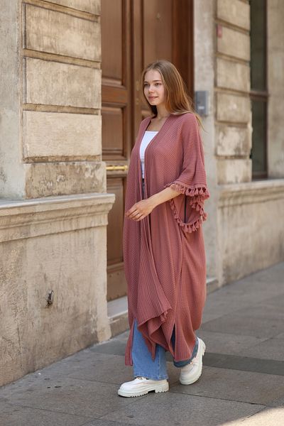 CNR TEKSTİL Γυναικείο Dusty Rose Πολύχρωμο Πόντσο με φούντα με λεπτομέρειες