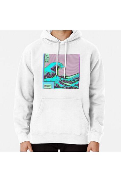 Hvit Stein Hanorac imprimat The Great Wave off Vaporwave Kanagawa