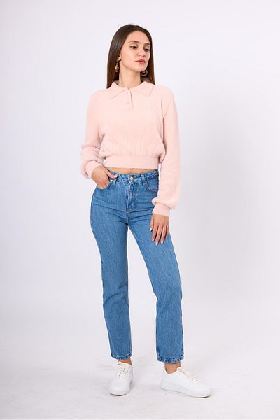 Peraluna Γυναικεία πλεκτή μπλούζα Lucy Krop Cut Polo Neck - Ανοιχτό ροζ