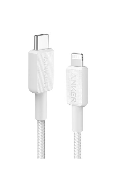 Anker كابل شحن USB C إلى Lightning (كابل مضفر، 6 أقدام)، معتمد من MFi، أبيض