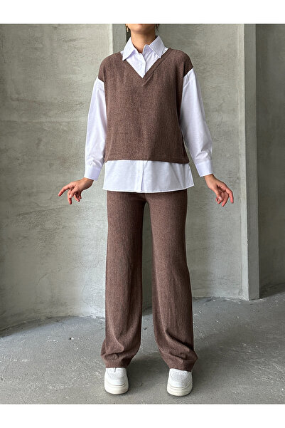 BEJNA Γυναικείο πουκάμισο καφέ με λεπτομέρεια στο κάτω μέρος