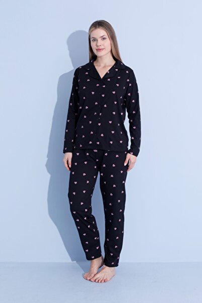 pijamacity Pamuklu Desenli Kadın Uzun Kol Önden Düğmeli Pijama Takımı