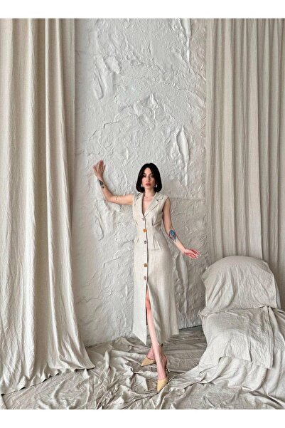 Dilek Aydın Atelier Natural %100 Keten Sıfır Kol Gömlek Yaka Önden Düğmeli Bilek Boy Elbise