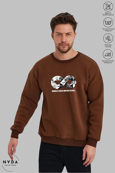 Nyda Collections Унисекс суитшърт с дълъг ръкав, щампа Ataturk Infinity и кръгло деколте, без качулка и повдигнати елементи