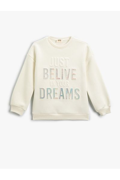 Koton Shiny Slogan Print Long Sleeve Sweatshirt - Crew Neck, Raster