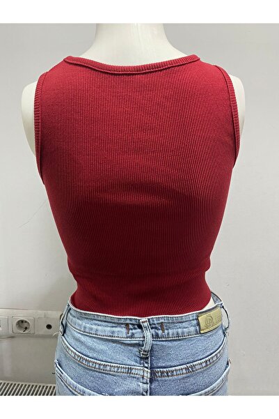 LADY HAZAL Burgundy Halter Neck Crop Top Darkalıp Ribbed Thin Bias Bustier