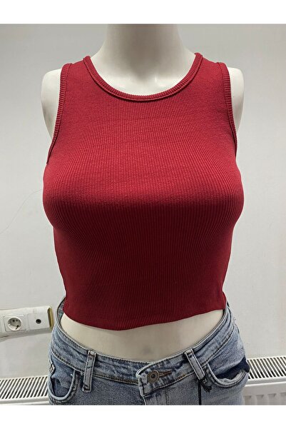 LADY HAZAL Burgundy Halter Neck Crop Top Darkalıp Ribbed Thin Bias Bustier