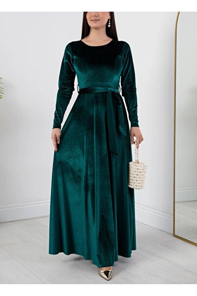 Phoenix Women Rochie de catifea cu mânecă lungă, cu guler rotund