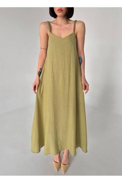 Dilek Aydın Atelier Haki %100 Keten Askılı Kloş Elbise