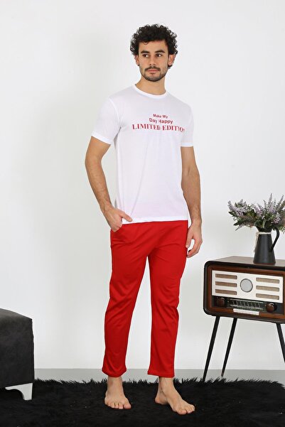 Akbeniz Λευκό χτενισμένο βαμβακερό ανδρικό σετ πιτζάμες - κοντομάνικο 6846