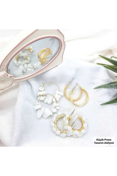 Yağmur Küpe Doğal Taş Kristal 6 Lı Set Beyaz Nikah Gelin Balayı Seti Yazlık Plaj Tatil Kombin Küpe Halka