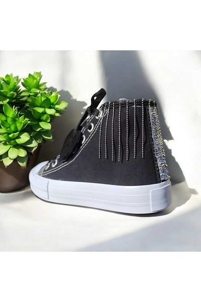 LİASSHOES Black Linen Sequined Chain Detailed Young Children's Sneakers