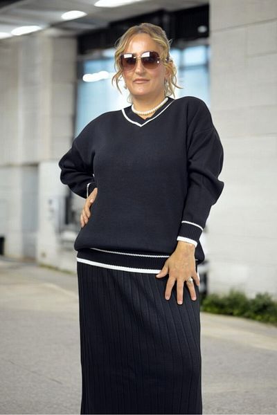 yagmurberen Strip Detail V-Neck Long Sleeve Stretch Bluse Waist Rubber Pleated Skirt Large Size Double Knit Set