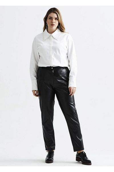 EVEN plus size Black Faux Leather Large Size Trousers with Side Pockets