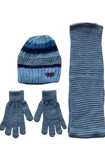 Kitti Fleece Beanie and Gloves Set of 3 for Boys Ages 9-15 - Grey/Blue Acrylic Scarf