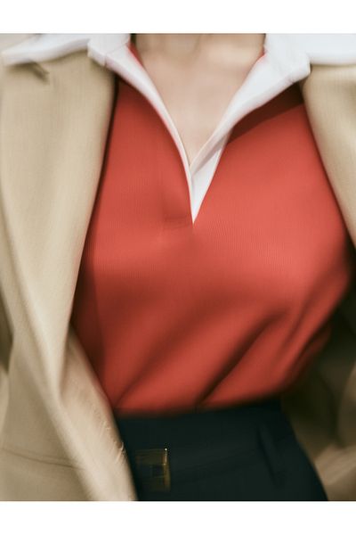 Koton Polo Neck Knitwear Sweater Color Contrast Double Fabric Use Long Sleeve