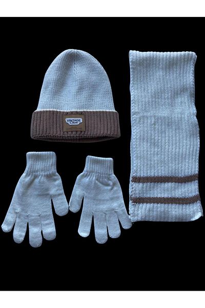 Kitti 9 -15 Years Old Boys' Beanie Inside Fleece Outside Acrylic Scarf Beanie Gloves 3-Piece Set Cream / Coffee Color