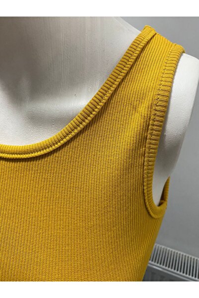 LADY HAZAL Mustard Halter Collar Crop Top Darkalıp Ribbed Thin Bias Bustier