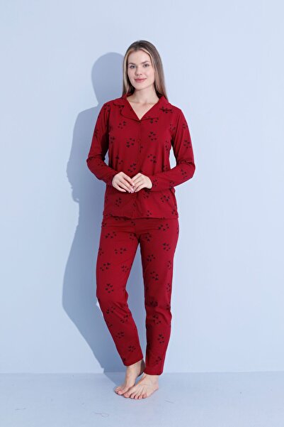 pijamacity Pamuklu  Desenli Kadın Uzun Kol Önden Düğmeli  Pijama Takımı
