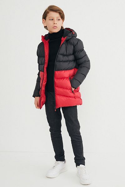 QAWWA Boy's Windproof Thick Fiber Filled Winter Black-Red Hooded Coat