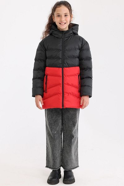 QAWWA Girl's Windproof Thick Lined Black-Red Hooded Jacket