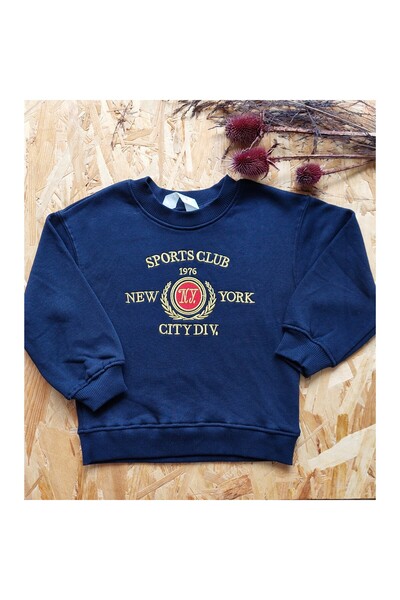Lacivert, Nakış Detaylı, Şardonlu, Unisex  Çocuk Sweatshirt