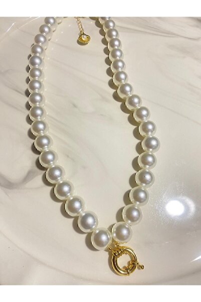 CAXBERN 22 Ayar Altın Kaplama İnci Gemici Kilitli Kolye Altın Takılan Kolye