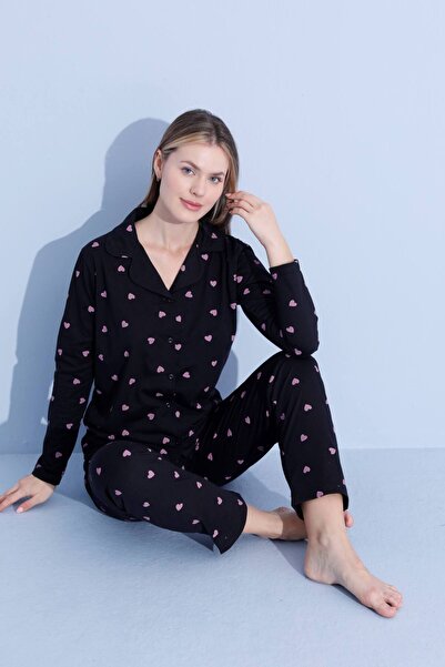 pijamacity Pamuklu Desenli Kadın Uzun Kol Önden Düğmeli Pijama Takımı