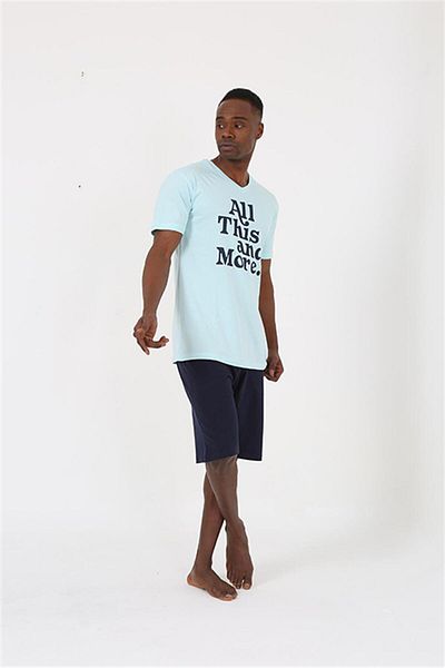 Akbeniz Men's Short Sleeve Water Green Combed Cotton Pajama Set with Shorts 20372