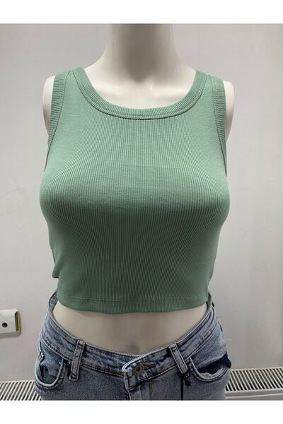 LADY HAZAL Water Green Halter Collar Crop Top Darkalıp Ribbed Thick Bias Bustier