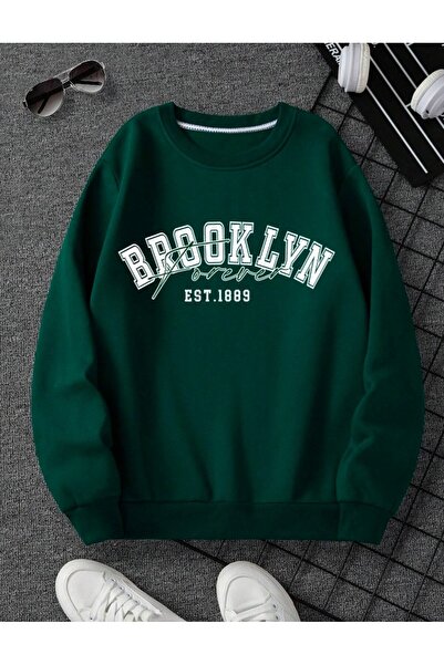 ORLONTEX سويت شيرت رجالي أخضر بروكلين 1889 مطبوع كبير الحجم