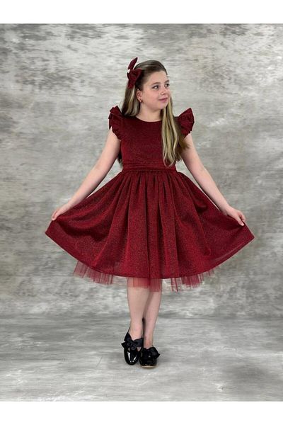 Riccotarz Girl's Shining Burgundy Dress with Ruffles on the Shoulder