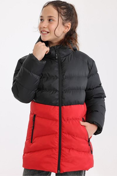 QAWWA Girl's Windproof Thick Lined Black-Red Hooded Jacket