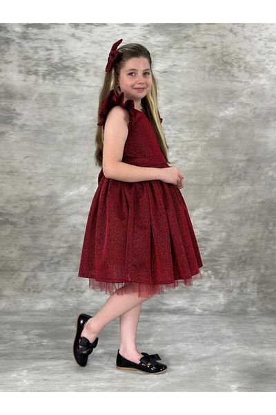 Riccotarz Girl's Shining Burgundy Dress with Ruffles on the Shoulder