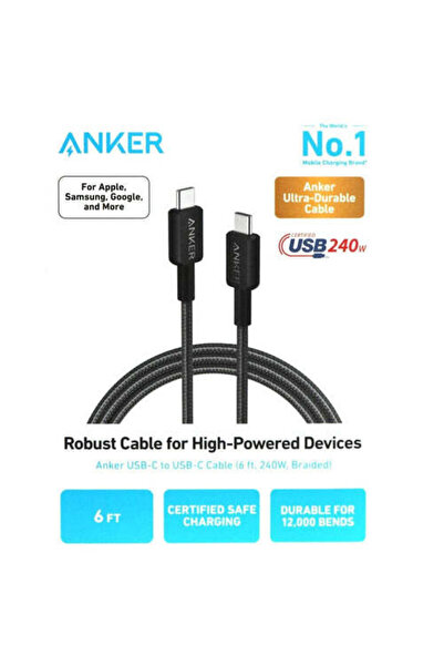 Anker كابل شحن 310 USB-C إلى USB-C (6 أقدام، 240 وات مضفر)، شحن ومزامنة، أسود