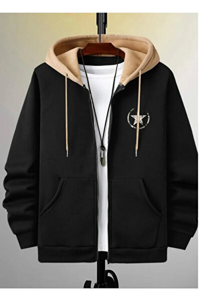 ORLONTEX Unisex Siyah-Bej Yıldız Baskılı Kapşonlu Fermuarlı Hırka