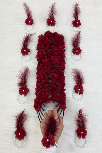 ZEYMERADE Bordo Nedime Bilekliği ve Nedime Tacı (Plastik), Kına Gecesi, Bekarlığa Veda Partisi, Bride 20 Parça