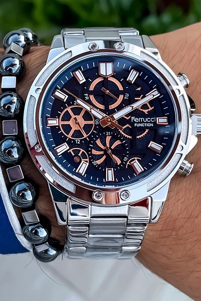 Ferrucci ALL FUNCTIONS ACTIVE Steel Case Steel Band Men's Wrist Watch with Bracelet gift