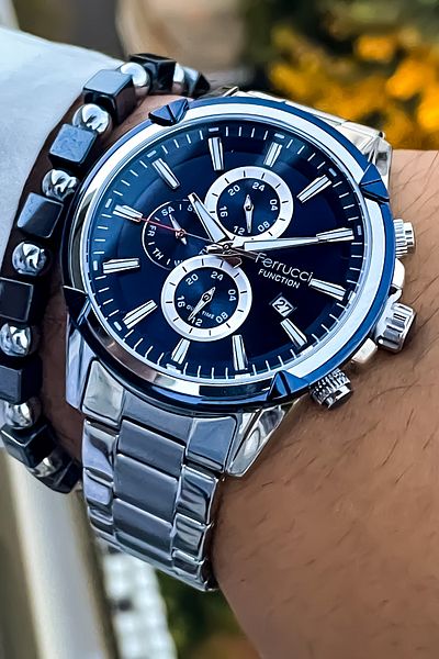 Ferrucci ALL FUNCTIONS ACTIVE Steel Case Steel Band Men's Wrist Watch with Bracelet gift