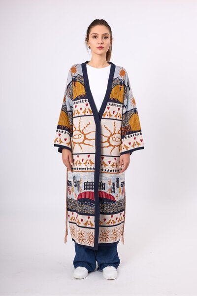 Peraluna Sweet Memories Jakarlı Kadın Uzun Triko Kimono - Lacivert Multi