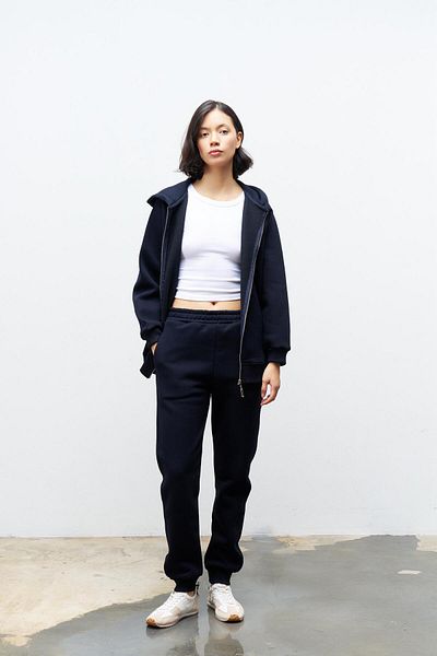 Basicpark Navy Blue Women's Pocket Label Detailed Hooded Fleece Inside Top and Bottom Set