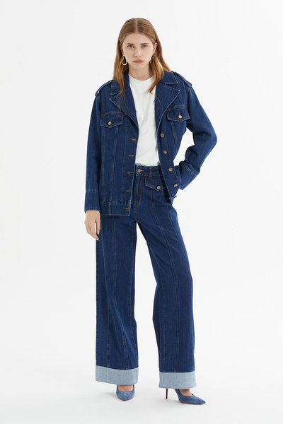 kı.we Apolet Detaylı Oversize Lacivert Denim Ceket